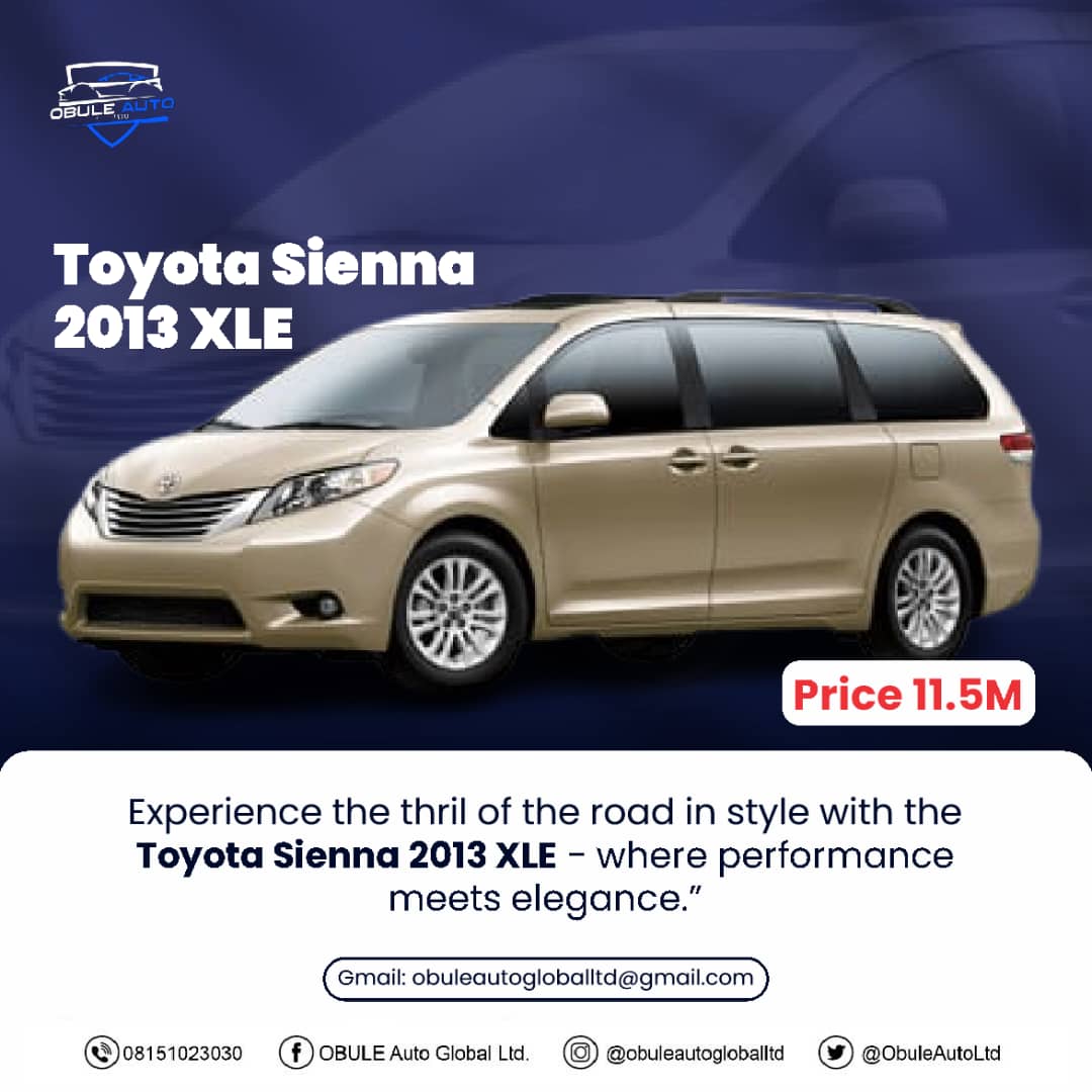 ObuleAutoLtd's tweet image. Ride in style and comfort with the Toyota Sienna 2013 XLE! 🚙💨💺 Affordable luxury at its finest, priced at 11.5 million. For more details about the car 📞 08141592890 or send us a Dm

#ToyotaSienna #XLE Banana island - Sportybet - palmpay
