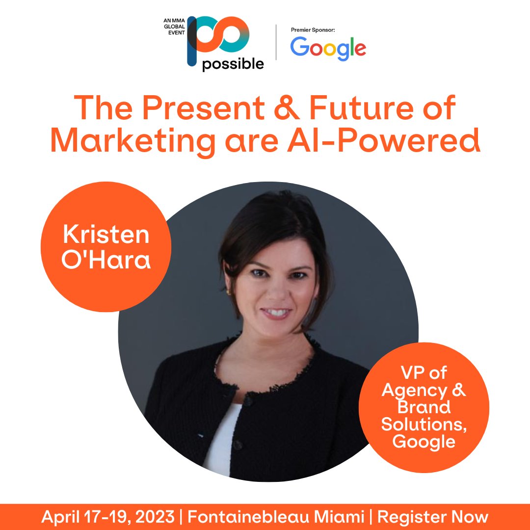 The promise of AI is in the news, but Google’s AI is here today. Join @Google’s VP of Agency & Brand Solutions, @theKristenOHara, for a compelling conversation at #POSSIBLE2023. 

#possibleevent #marketingevent #ai #google #marketingconference #marketing