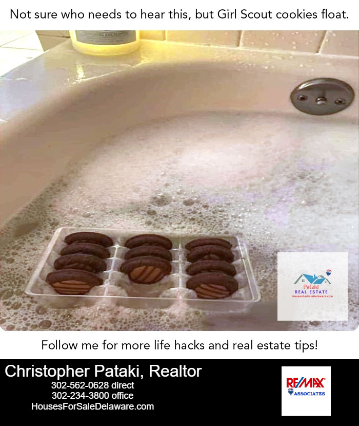 Happy Friday.  Not a bad way to spend the first night in your NEW HOME! #girlscoutcookies #happyfriday #bubblebath #housesforsaleindelaware #patakirealestate #remaxassociates