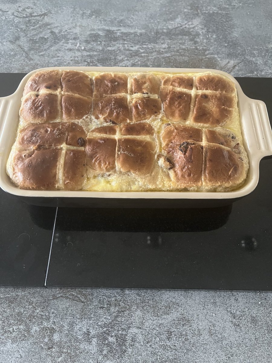 Hot cross bun and butter pudding, baked in egg custard; what are we saying Twitter?