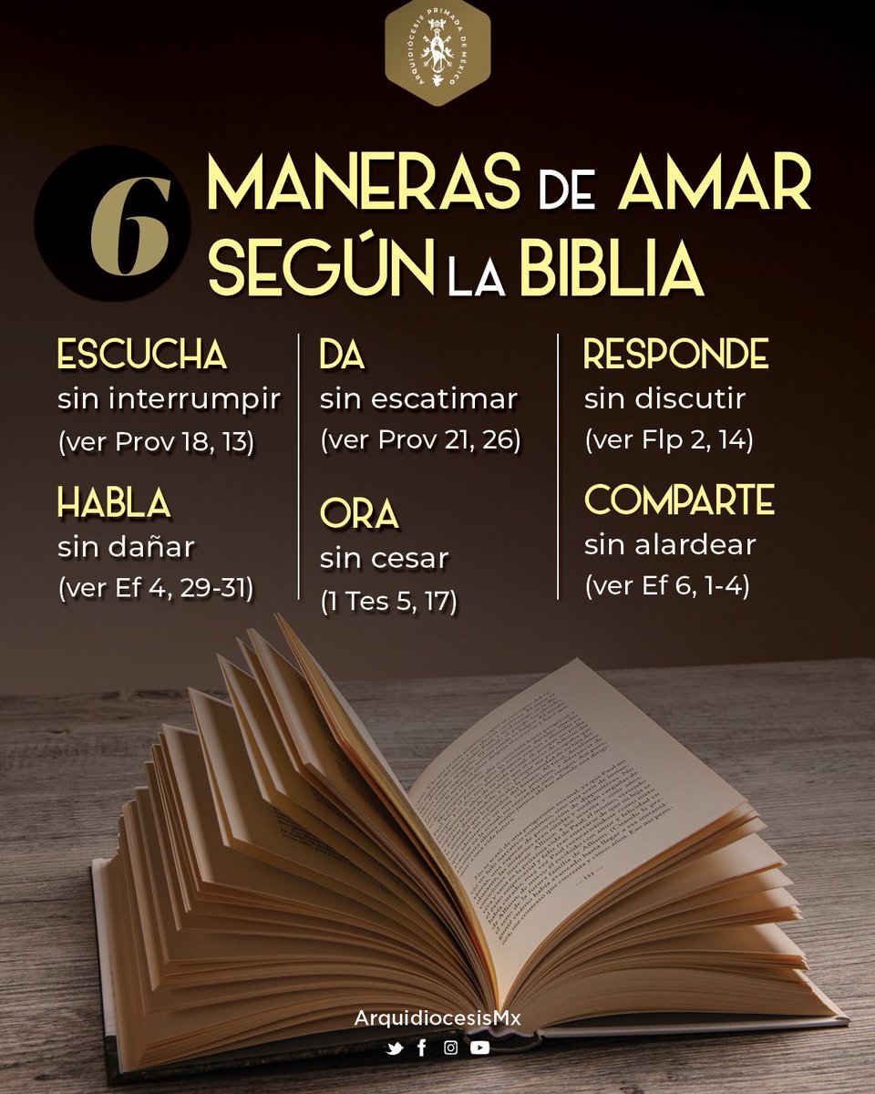ArquidiocesisMx's tweet photo. ¿Sabes amar? ¿En qué consiste? Amar no es un asunto sentimental, es una decisión que nos compromete a hacerles bien a los demás. Según la Biblia, estas son algunas maneras de hacerlo. ¿Quieres saber más? https://t.co/Xb358fDtJA https://t.co/sNb2ojFPo3