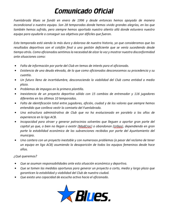 FuenlaBlues's tweet photo. Comunicado oficial.
Como medida de protesta ante la situación actual del Baloncesto Fuenlabrada, mañana Fuenlabrada Blues dejaremos vacía nuestra grada durante el primer cuarto y no animaremos durante el resto del partido. 
Nuestros motivos son los siguientes ⬇️ https://t.co/BoJtETQjAL