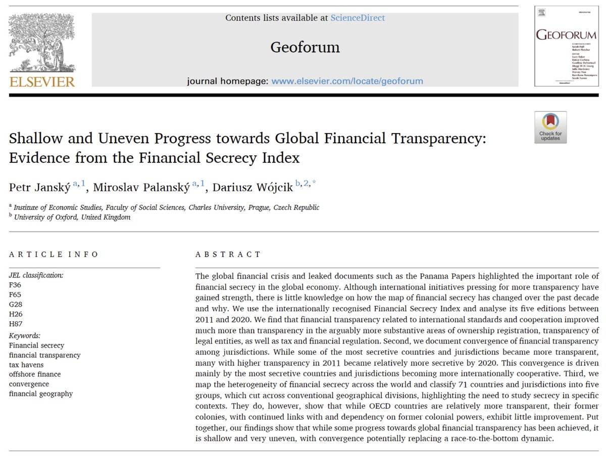 🚨 New paper with @petr_jansky and Dariusz Wójcik on the development of financial secrecy over the last decade now out in Geoforum!  Quick 🧵 below ⬇️ and full paper here ➡️ sciencedirect.com/science/articl…