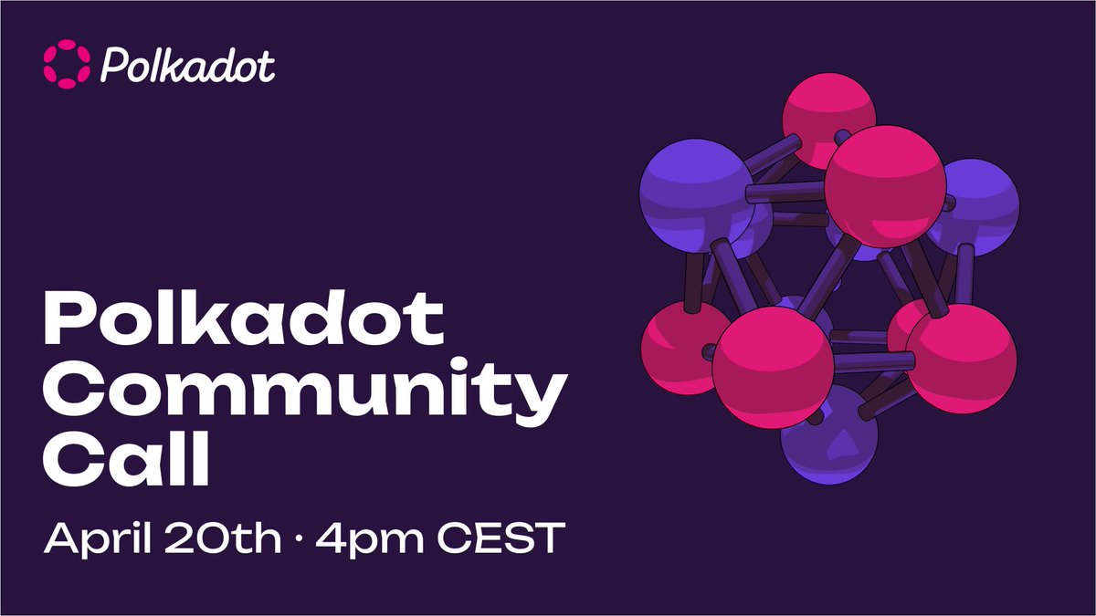 Polkadot's tweet photo. Curious about what's happening in the Polkadot ecosystem? On April 20, join the #PolkadotCommunityCall to get tech and roadmap updates from the ecosystem teams, as well as learn about some of the referenda &amp; treasury proposals.

To set a reminder 👉 https://t.co/AhL4aZq9ef https://t.co/P9NCLwrKvD