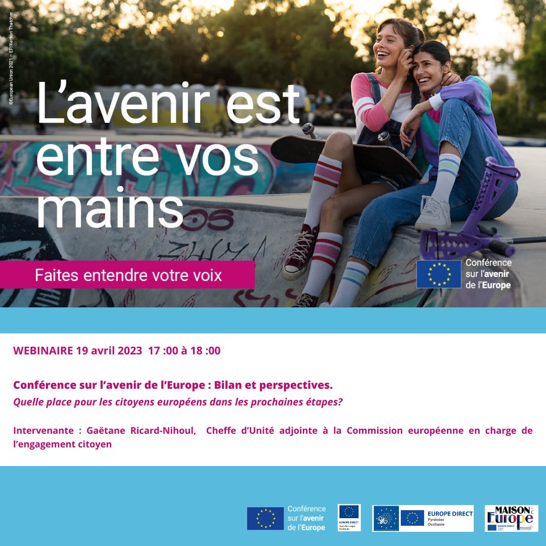 EuropeGascogne's tweet image. 👉🇪🇺Rendez-vous le 19 avril à 17 h sur nos pages Facebook, pour un webinaire sur le bilan et les perspectives de la "Conférence sur l'avenir de l'Europe" en collaboration avec @EuropeDirectPyr et @EuropeToulouse ! 

#CoFoE #thefutureisyours #COFE #Europe