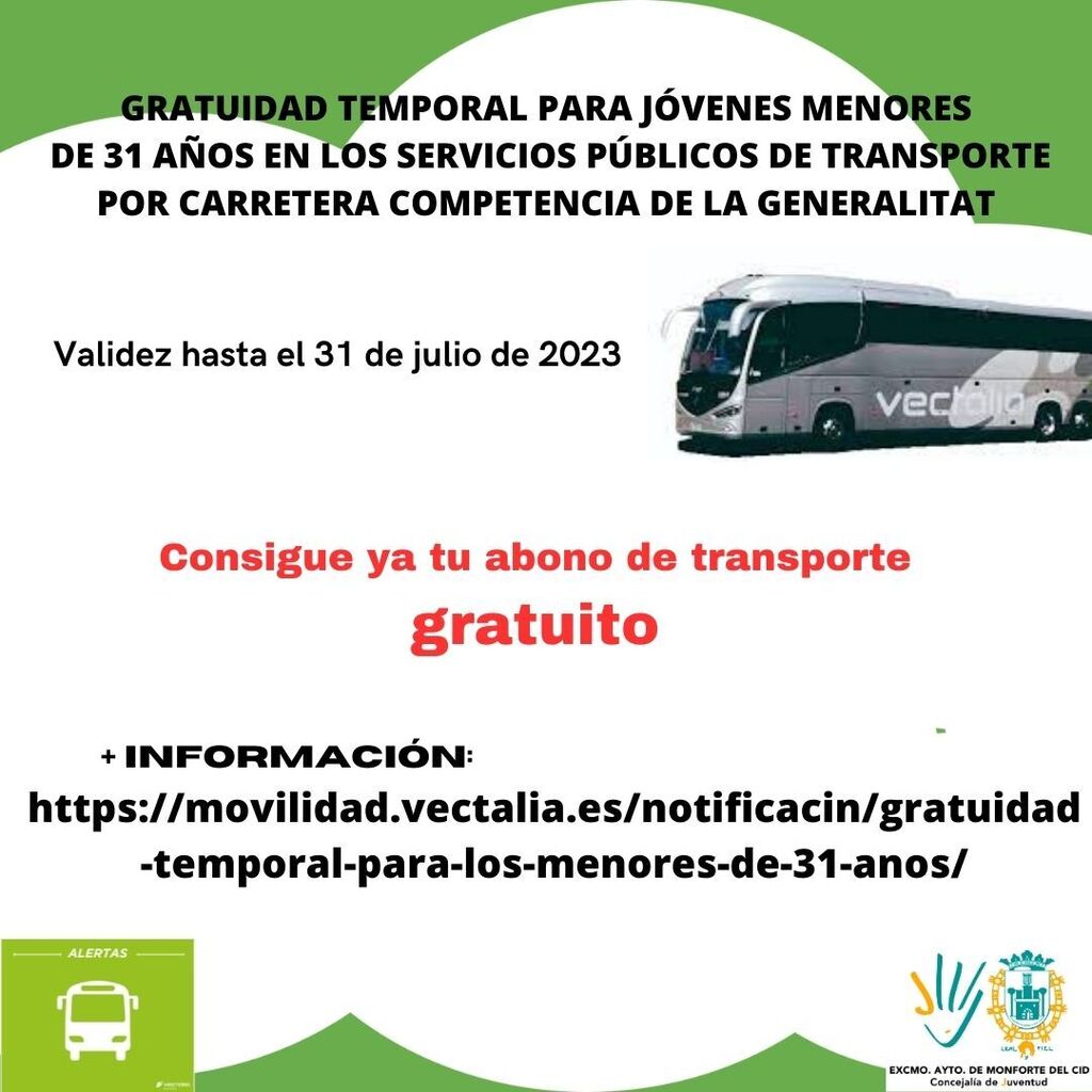 Monfortedelcid's tweet image. La Concejalía de Juventud 📣informa que, Vectalia, empresa al cargo de transporte 🚌 entre #MonfortedelCid y la Universidad de Alicante, ha habilitado en su taquilla de Aspe (C/ Lepanto; de lunes a viernes de 7:00 a 15:00 horas) la solicitud y recogida… instagr.am/p/CrBEIfqPSto/