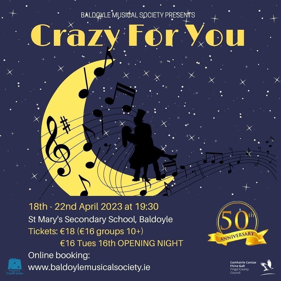 Best of Luck <a href="/BaldoyleMS/">Baldoyle Musical Soc</a> with Crazy for You which runs from Tuesday 18th to Saturday 22nd of April. Hopefully your bidin your time to get tickets as it’ll be nice work if you can get em! #theygotrhythm #someonetowatch xx😊