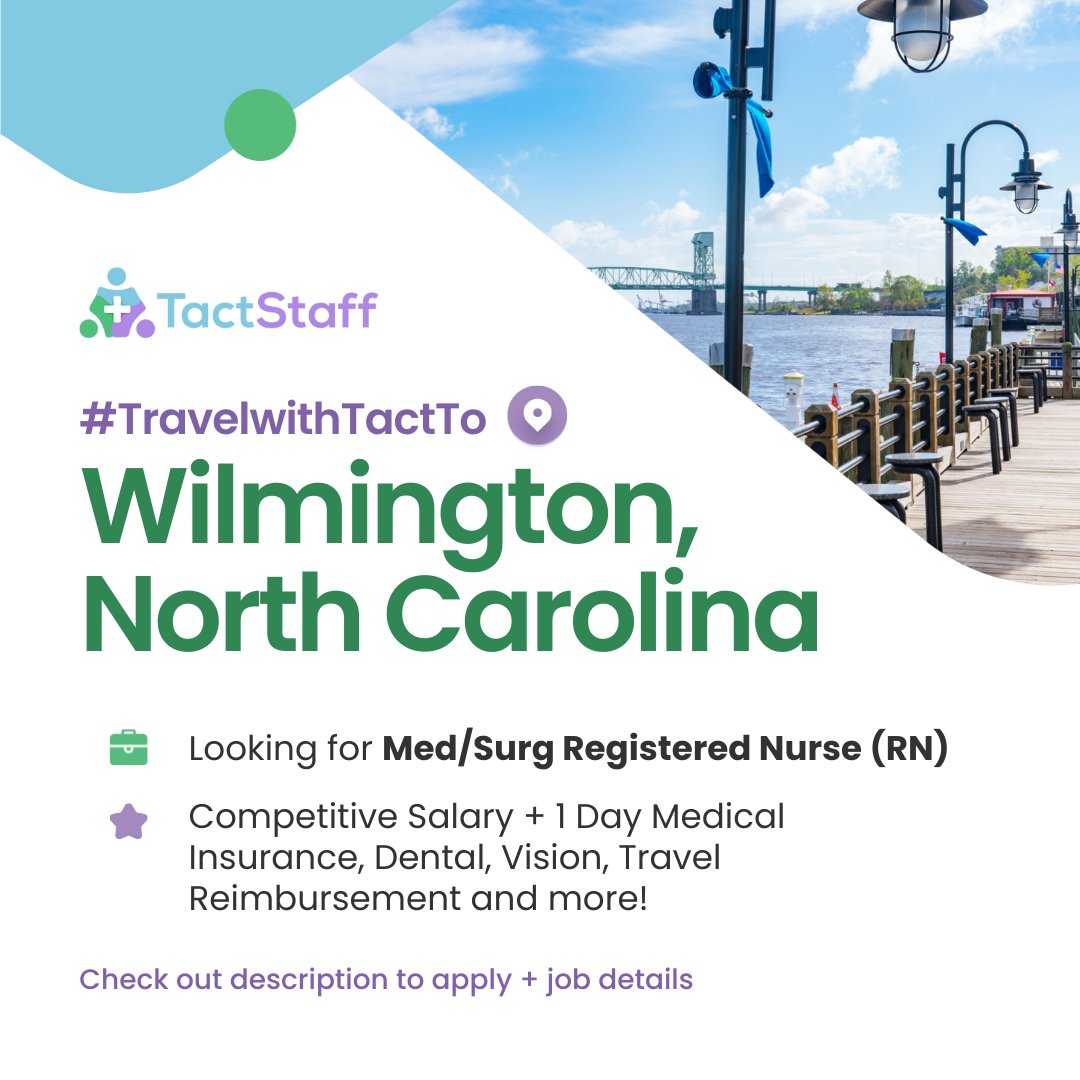 🔥 HOT JOB OF THE WEEK: Med/Surg RN - Wilmington, NC 🔥

send your application to LetsGo@tactstaff.com

#medicalsurgical #medsurgnurse #travelnursing #travelnursecareers #travelnursejobs #northcarolina #hotjob #travelnursestaffing #medicalstaffing #medsrugjobs