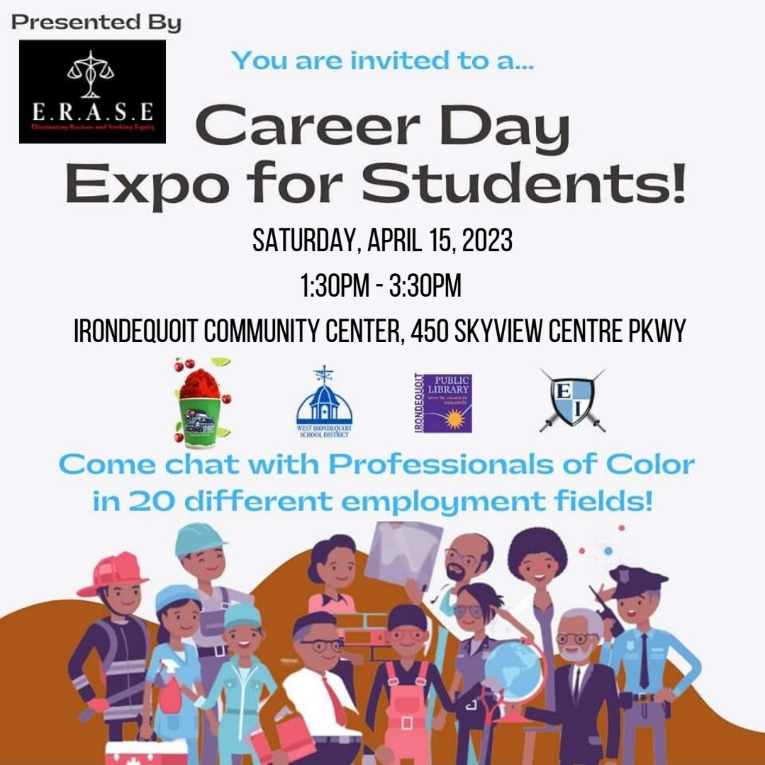 ERASENOW619's tweet photo. Tomorrow is the day!! Join Us at the @irondequoit_ny Community Center &amp; bring your kids to meet professionals of color &amp; explore a variety of careers available to them! https://t.co/PznbAPVktT