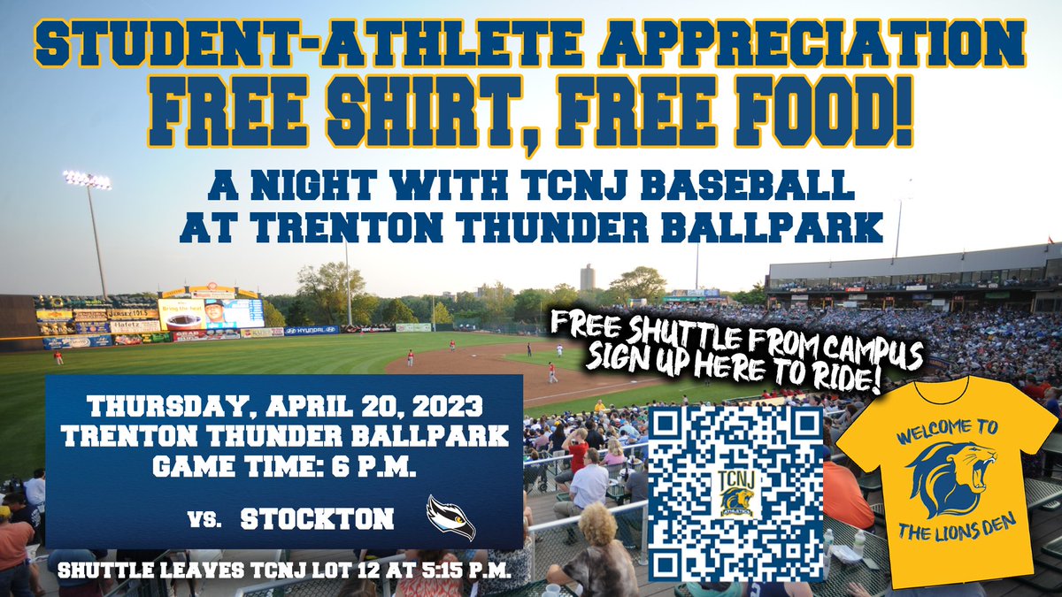 TCNJ Athletics (@tcnjlions) on Twitter photo We love our #TCNJ Student-Athletes! Our #D3week announcement of Appreciation Night next week at the <a href="/BASEBALLTCNJ/">TCNJ BASEBALL</a> game in Trenton.. Admission is Free! See you there! #LionPride (<a href="/TCNJWLax/">TCNJ Lacrosse</a> <a href="/TCNJWS/">TCNJ Women's Soccer</a> <a href="/TCNJ_WSwimDive/">TCNJ W SWIM AND DIVE</a> <a href="/TCNJSoftball/">TCNJ Softball</a>) We love our #TCNJ Student-Athletes! Our #D3week announcement of Appreciation Night next week at the <a href="/BASEBALLTCNJ/">TCNJ BASEBALL</a> game in Trenton.. Admission is Free! See you there! #LionPride (<a href="/TCNJWLax/">TCNJ Lacrosse</a> <a href="/TCNJWS/">TCNJ Women's Soccer</a> <a href="/TCNJ_WSwimDive/">TCNJ W SWIM AND DIVE</a> <a href="/TCNJSoftball/">TCNJ Softball</a>)