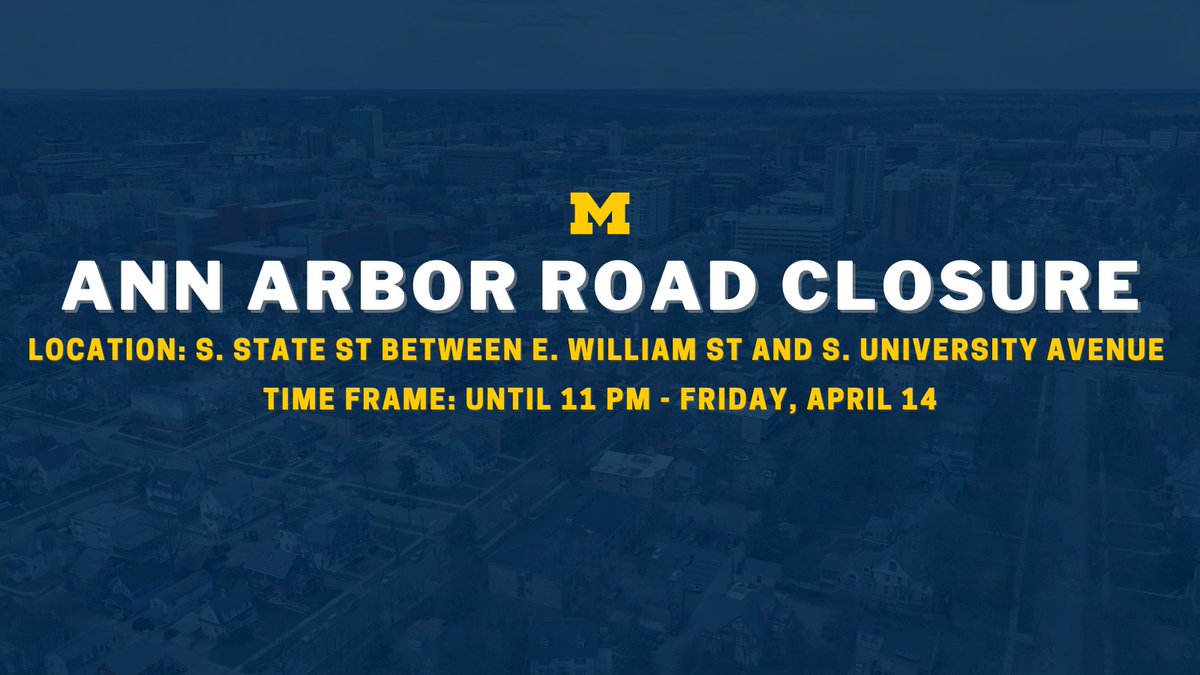 S. State St. between E. William St. and S. University Ave. will be closed today until 11PM. U-M and AAATA <a href="/CatchTheRide/">catchtheride</a> buses will be rerouted.
 
U-M bus routes: myumi.ch/8eQ6j 
AAATA bus routes: myumi.ch/AWG57
