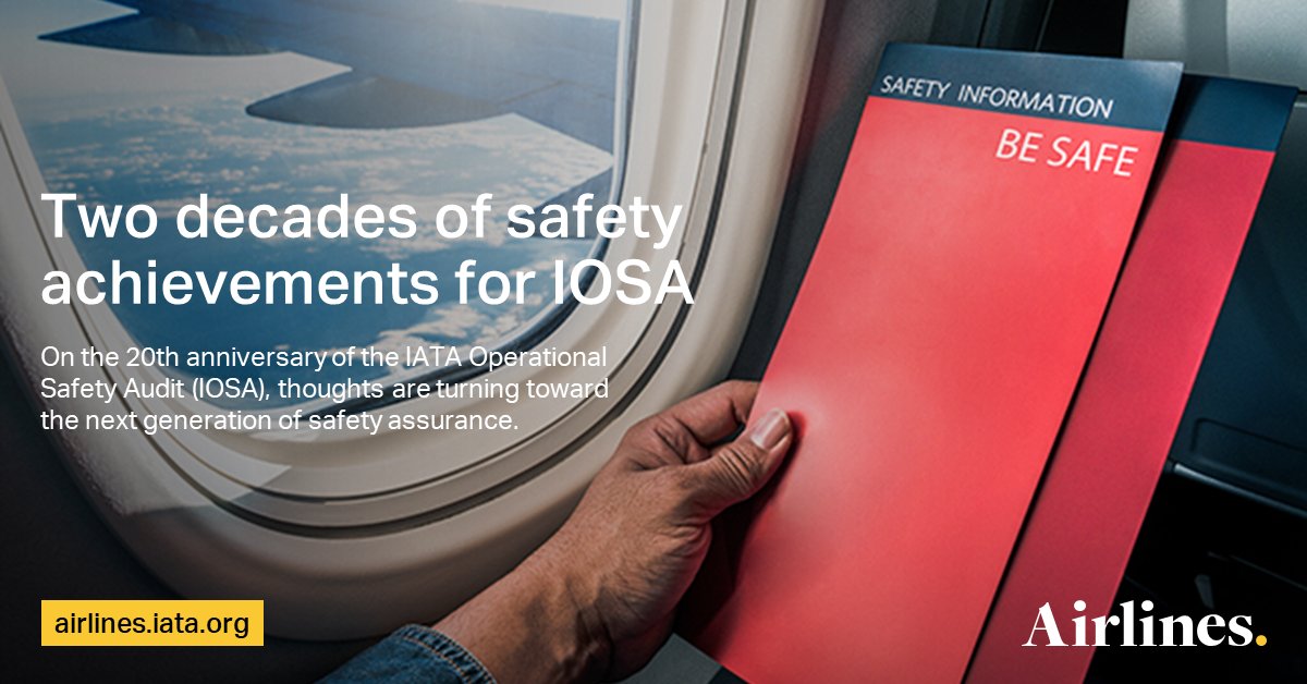 IATA's tweet photo. Take flight towards a safer future! ✈

On the 20th anniversary of the IATA Operational Safety Audit (IOSA), we're looking towards the next generation of safety assurance.

#IOSA focuses on improving safety and reducing industry auditing costs.

Read now👉 https://t.co/fuhM9VMGwJ https://t.co/BVlquBhx4U