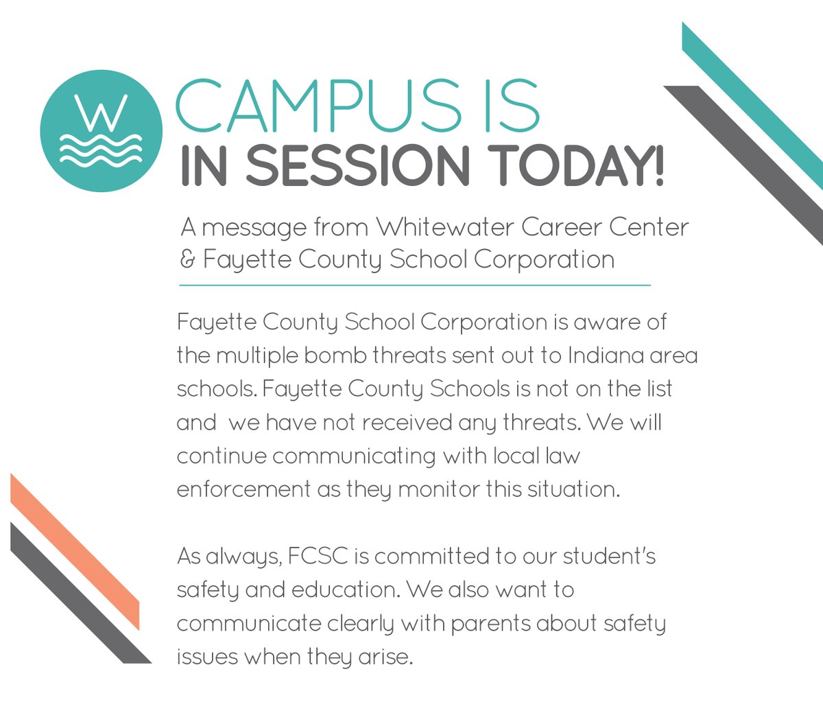 WCC is open today, April 14, 2023.  Please see the below message from WCC and Fayette County School Corporation.