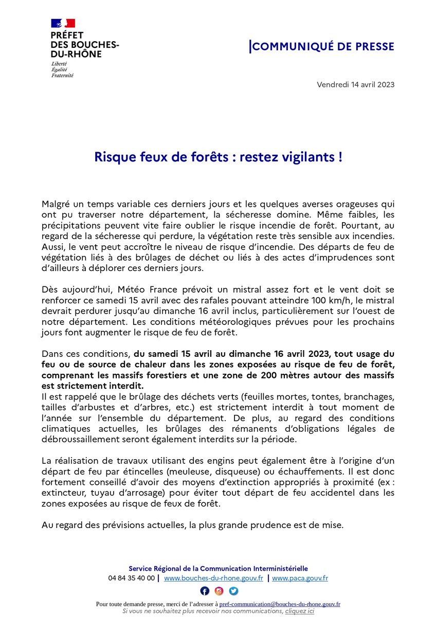 #FeudeForêt | 
⚠️Le vent souffle ce week-end + les sols sont très secs malgré les récentes averses = 🔥danger feux de forêt 
Le préfet des #BouchesDuRhone appelle à la plus grande vigilance.
👉Rappel des consignes à respecter dans le communiqué  bit.ly/3KCAgGr