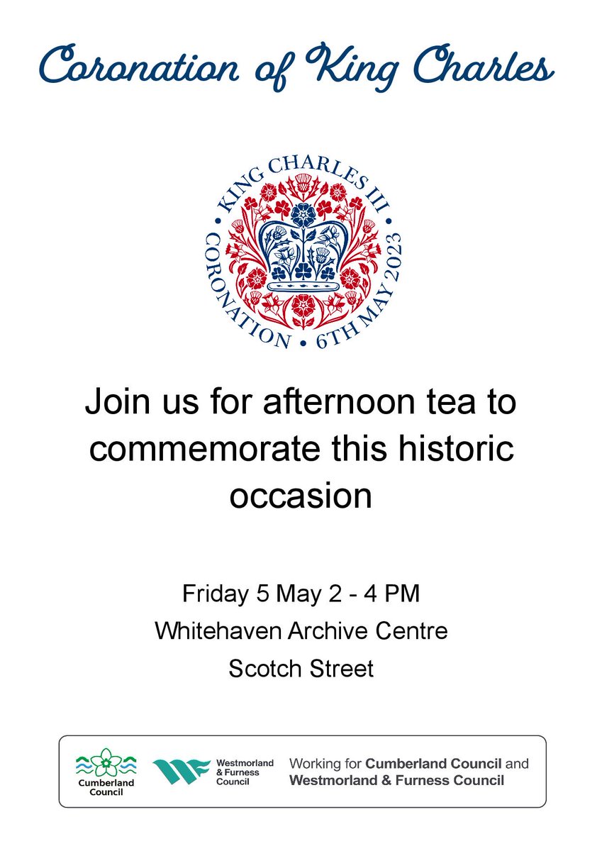 We're having a tea party to celebrate the #Coronation of #KingCharlesIII at #WhitehavenArchives on Friday 5 May at 2pm. Free event, all welcome 👑☕️