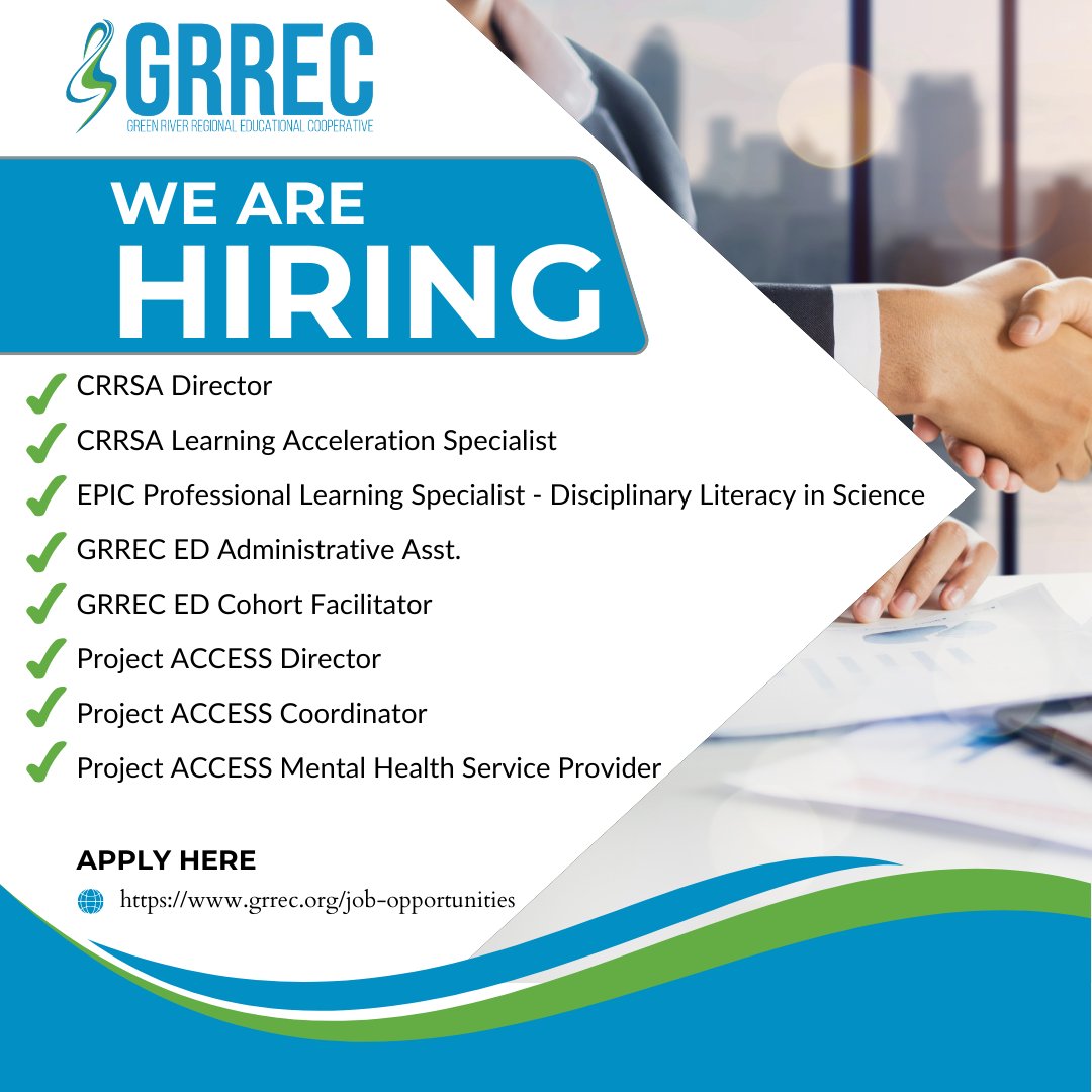 𝗪𝗲 𝗮𝗿𝗲 𝗛𝗶𝗿𝗶𝗻𝗴. GRREC currently has many job opportunities available.

For more information and to apply visit ➡️ grrec.org/job-opportunit….
.
#grrecky #PreK12 #jobopportunities