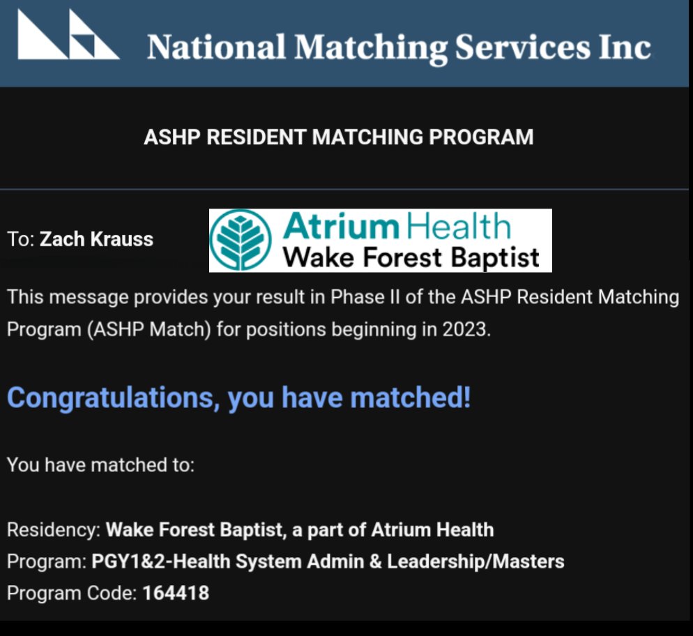 zachary_krauss's tweet photo. I could cry*, I'm so happy to announce I'll be a HSPAL resident at @WakeForestRxRes next year!

I CAN'T WAIT to start this next step in my pharmacy journey 😁 #TwitteRx 

Can't wait to move to NC!

*PS I have and will continue to cry tears of joy 🥹 https://t.co/8Wt3pzgSIH