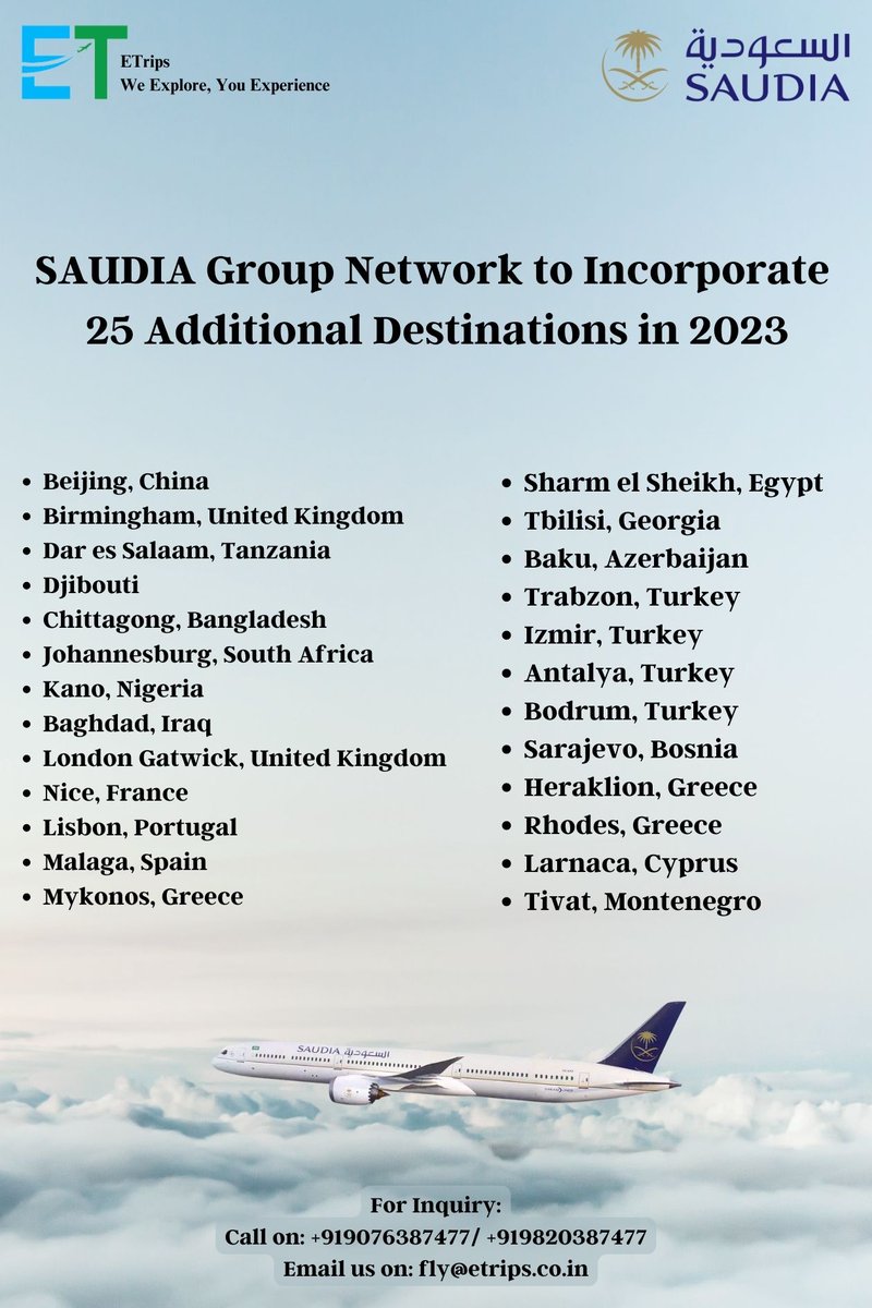 Etrips_co_in's tweet photo. SAUDIA Group Network to Incorporate 25 Additional Destinations in 2023
@SaudiAirlinesIN #SAUDIA #airlines #networkexpansion #travel #destinations #etrips #flightbooking #tourpackage #news https://t.co/zJNBeMVBZr