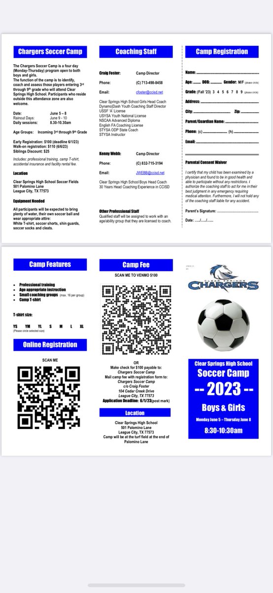 Attention-Boys &amp; Girls ⚽️CHARGERS SOCCER CAMP OPPORTUNITY!!  Grades 3-9 Clear Springs Attendance Zone to be held at <a href="/ClearSpringsHS/">Clear Springs HS</a> - Register now while spots are available!