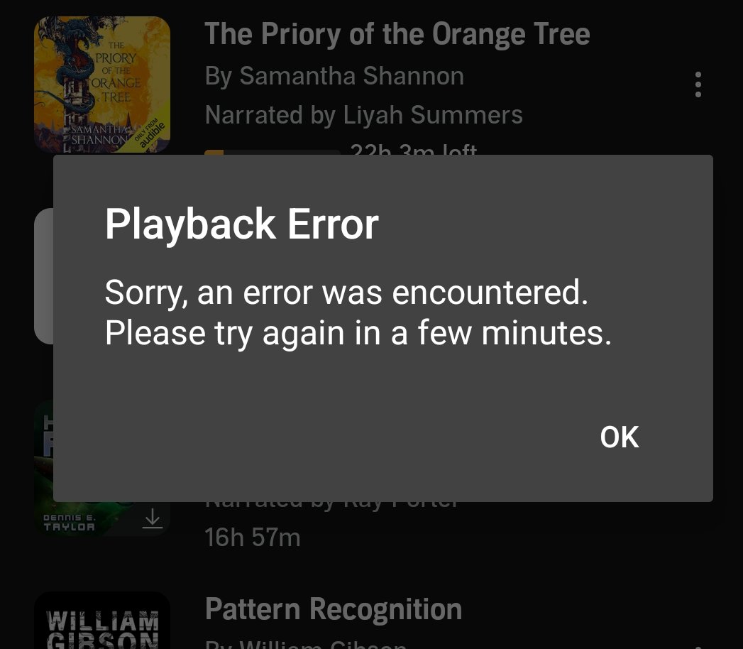 tsudonymn's tweet photo. Hey @audible_com why when a book has already been downloaded can something like this happen? It seems like it's trying to phone home and can't thus preventing me from listening? Super frustrating. https://t.co/zJwyFlxc6k