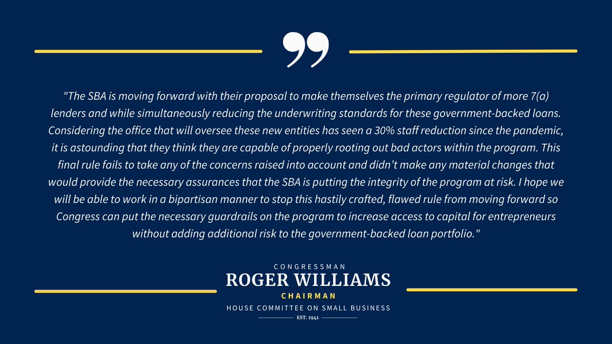 HouseSmallBiz's tweet image. Chairman @RepRWilliams issued the following statement on the @SBAgov changes to their flagship 7(a) lending program.

The SBA's decision to lift the 7(a) moratorium is irresponsible and misguided.

Read more below ⤵️
smallbusiness.house.gov/news/documents…