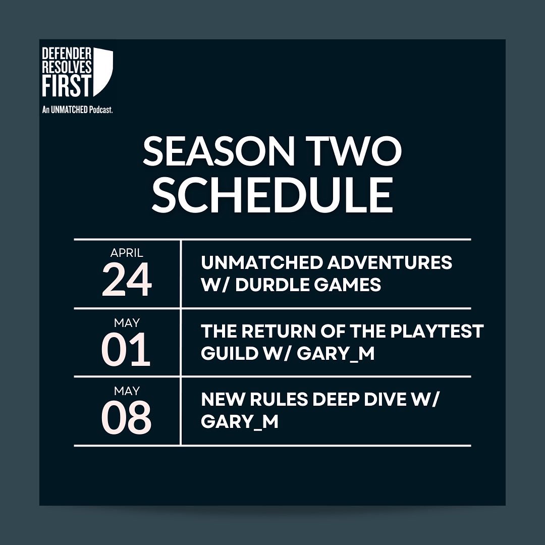 johnkatsanakis's tweet photo. Defender Resolves First: An Unmatched Podcast is returning for a second season, with new weekly episodes premiering at the end of this month. Mike and I have had a lot of fun putting this season together for the Unmatched community and we’re excited to share everything with y’all https://t.co/WmdNRYsAgE
