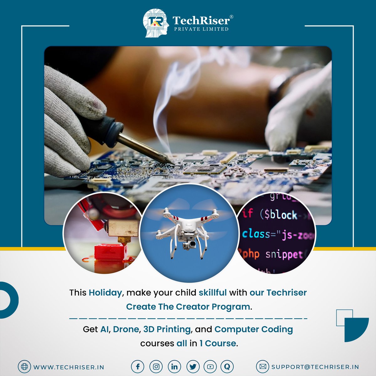 Unleash your inner genius with Techriser's Create the Creator program - where AI, 3D printing, drone flying, and coding collide into one EPIC course!

#CreateTheCreator #TechRiser #FutureTech #techriserpvtltd #3dprinting #drone #AI #computercoding #programming