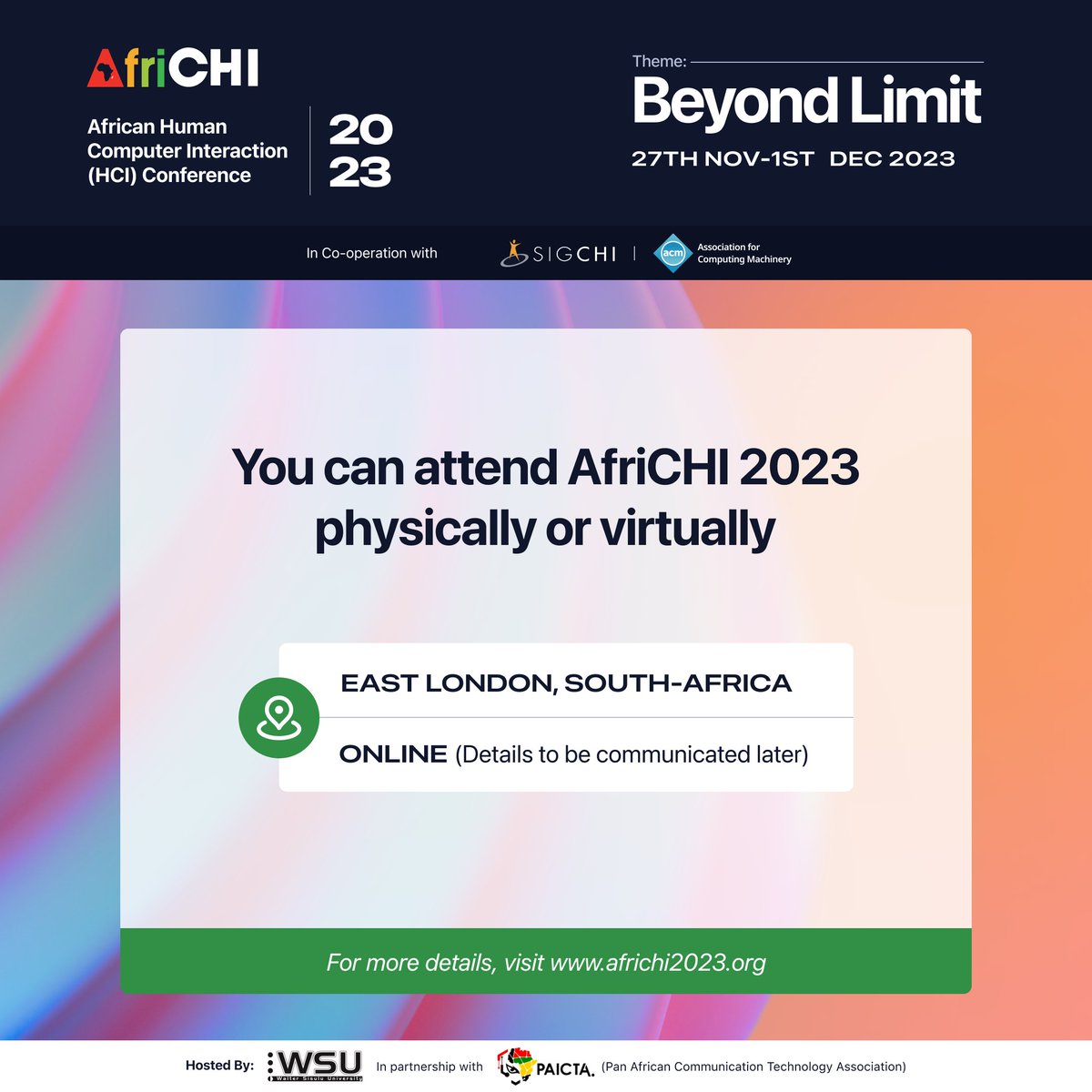 📢📢Exciting news, we are going HYBRID. Now you can attend #AfriCHI2023 either in East London, South Africa, or virtually 🤩
#AfriCHI #AfriCHI2023