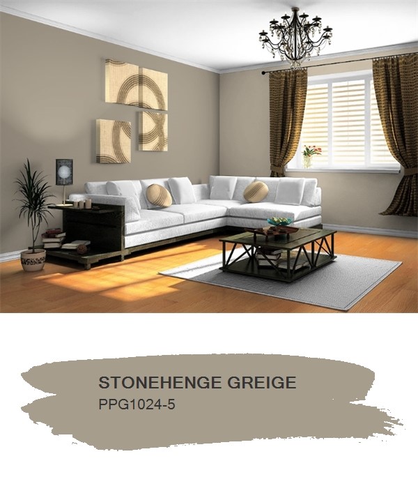 StandardPaintWP's tweet photo. Colour Of The Day: PPG1024-5 Stonehenge Greige from @PPGPittsburgh  While shown here in a living room, this also a fantastic colour when painting exterior brick or stucco. Pairs up nicely with black accents on exteriors. https://t.co/GhirGQRklk