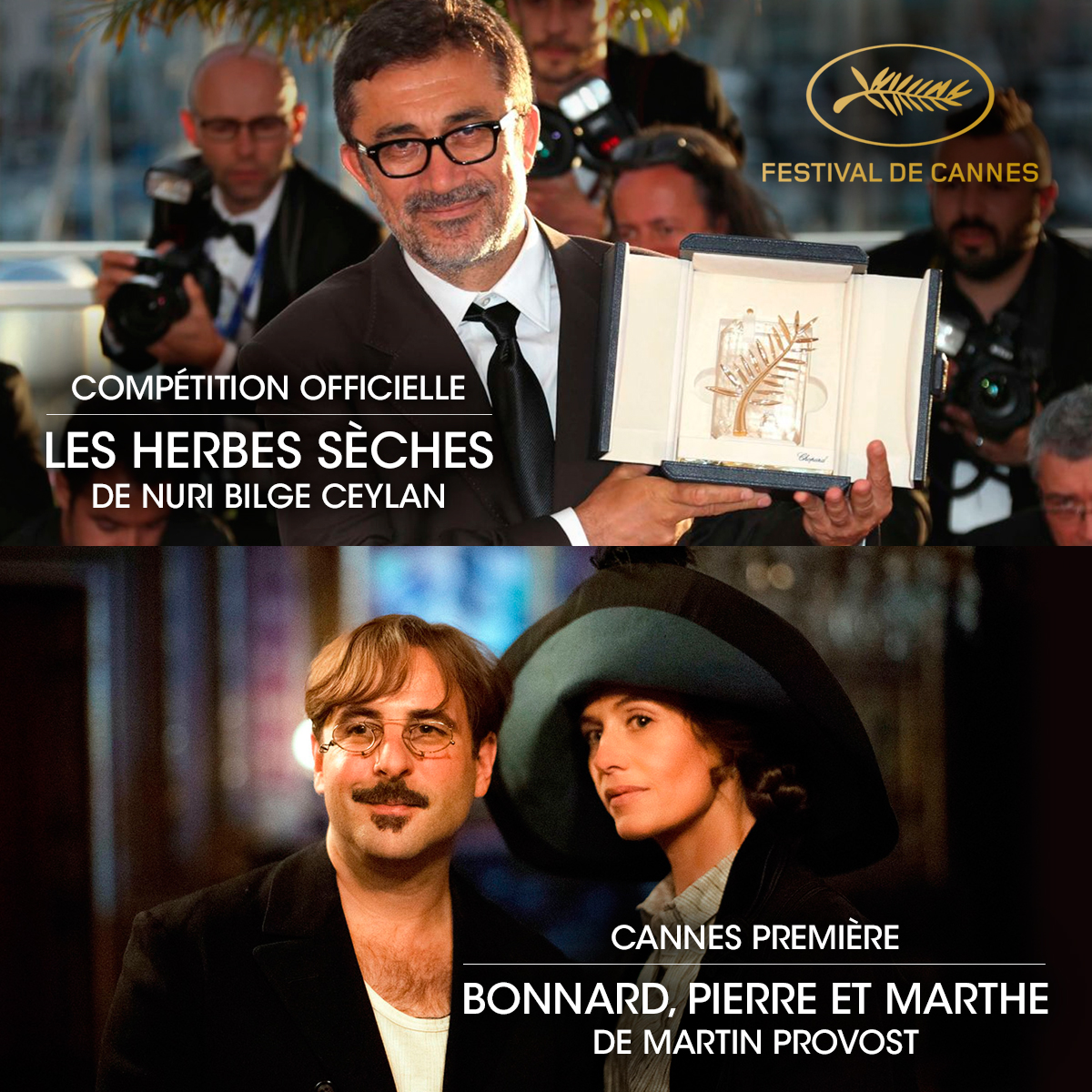 Sphère Films Québec (@spherefilmsqc) on Twitter photo 💫 Nous sommes très heureux d'annoncer que LES HERBES SÈCHES de Nuri Bilge Ceylan a été sélectionné en compétition officielle la 76ème édition du <a href="/Festival_Cannes/">Festival de Cannes</a> tandis que BONNARD, PIERRE ET MARTHE de Martin Provost y sera en compétition dans la catégorie ‘Cannes Premières 🎬 💫 Nous sommes très heureux d'annoncer que LES HERBES SÈCHES de Nuri Bilge Ceylan a été sélectionné en compétition officielle la 76ème édition du <a href="/Festival_Cannes/">Festival de Cannes</a> tandis que BONNARD, PIERRE ET MARTHE de Martin Provost y sera en compétition dans la catégorie ‘Cannes Premières 🎬