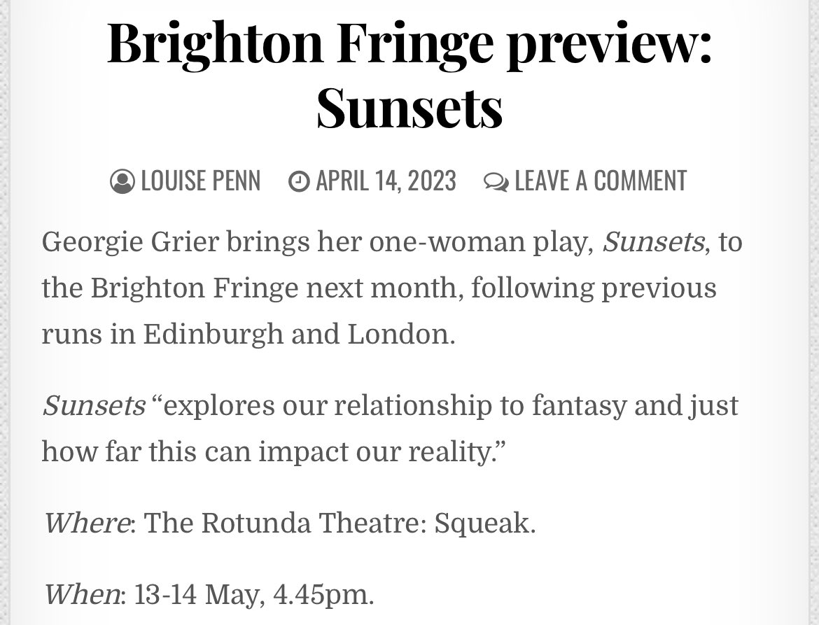 georgie_grier's tweet photo. It was great chatting to @loureviewsblog about my one woman play, Sunsets, which will be coming to @brightonfringe on the 13th and 14th May! You can read the full interview here: https://t.co/Cne3T46Cqe 💖 
#sunsetstheplay #romcoms #brightonfringe #onewomanplay https://t.co/3T6tTyTeo3