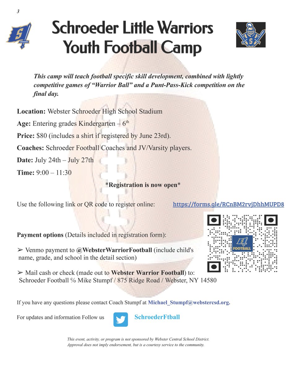 📢Schroeder Youth🏈Camp! For any student entering K-6th next school year! Dates and other info on attached form. <a href="/WCSDProud/">One Webster</a> <a href="/SchroederSports/">Schroeder Athletics</a> <a href="/SpryMSWarriors/">Webster Spry MS</a> <a href="/KlemSouth/">Klem South School</a> <a href="/StateRdWCSD/">State Road</a> <a href="/PlankNorthPride/">Plank North</a> <a href="/planksouthpe/">PlankSouthPE</a> <a href="/spry_pe/">Spry PhysEd</a> <a href="/klemsouthpe/">Klem South PE</a> #WeAreWarr1ors 💙💛⚔️🏈