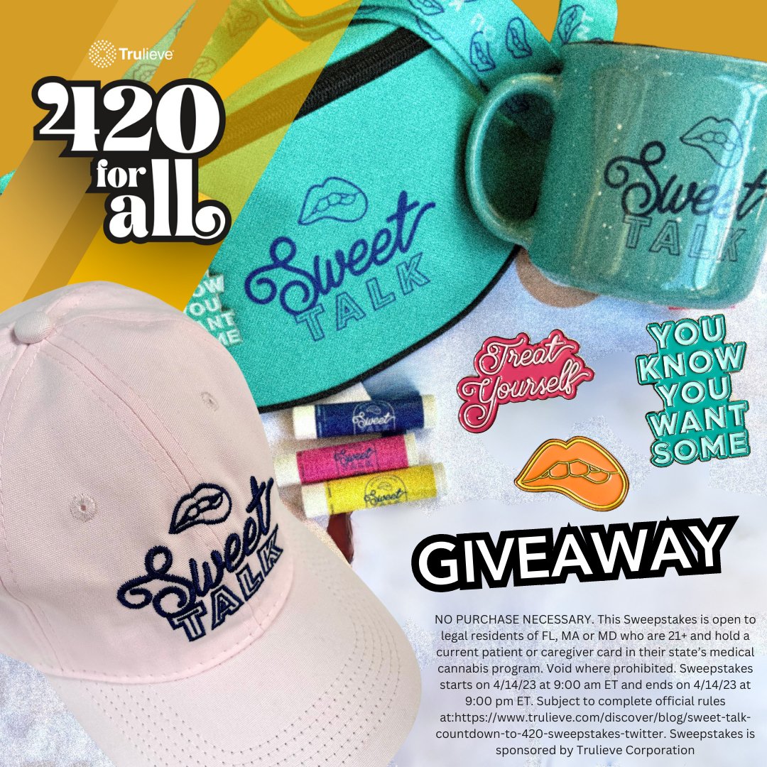 Trulieve's tweet image. Sweeten up your #420 with #SweetTalk gummies &amp;amp; chocolates at unbeatable prices! Don't miss out on your chance to win a Sweet Talk prize pack!

1️⃣FOLLOW @Trulieve &amp;amp; @sweettalkedibls 
2️⃣Retweet this Tweet
🏆1 will be winner announced next week

Full Rules: trulieve.com/discover/blog/….