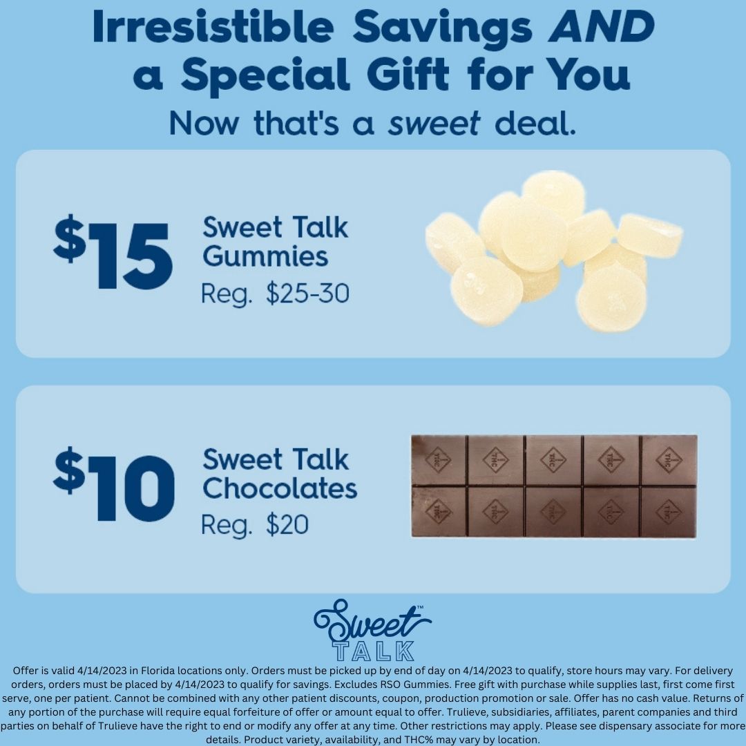 Trulieve's tweet image. Sweeten up your #420 with #SweetTalk gummies &amp;amp; chocolates at unbeatable prices! Don't miss out on your chance to win a Sweet Talk prize pack!

1️⃣FOLLOW @Trulieve &amp;amp; @sweettalkedibls 
2️⃣Retweet this Tweet
🏆1 will be winner announced next week

Full Rules: trulieve.com/discover/blog/….