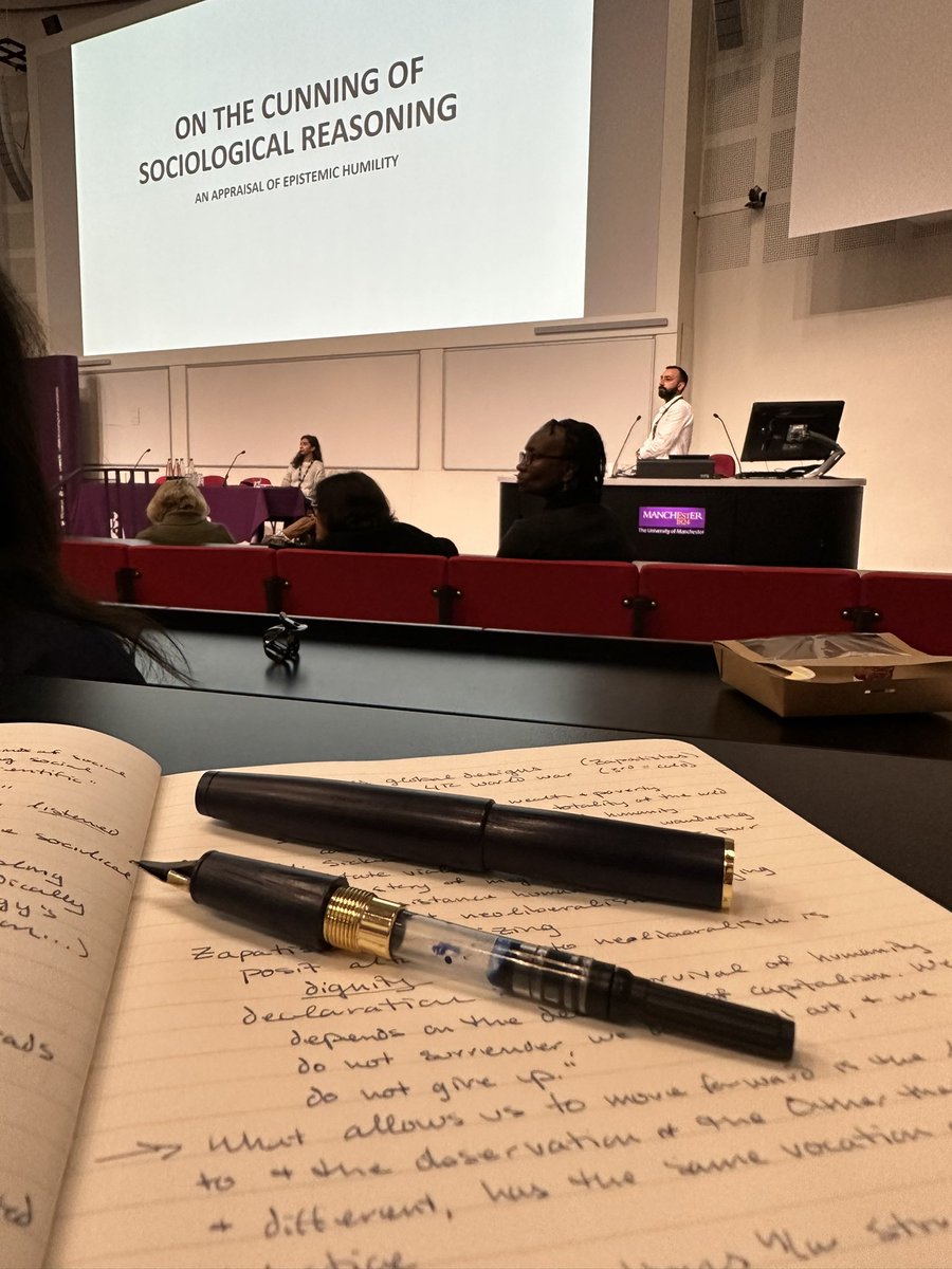 GoodWorkLisa's tweet photo. Great provocation to epistemic humility by @alim1213. Surely writing your pen dry is the mark of a successful conference? #britsoc23 https://t.co/DGLTq8xEfS