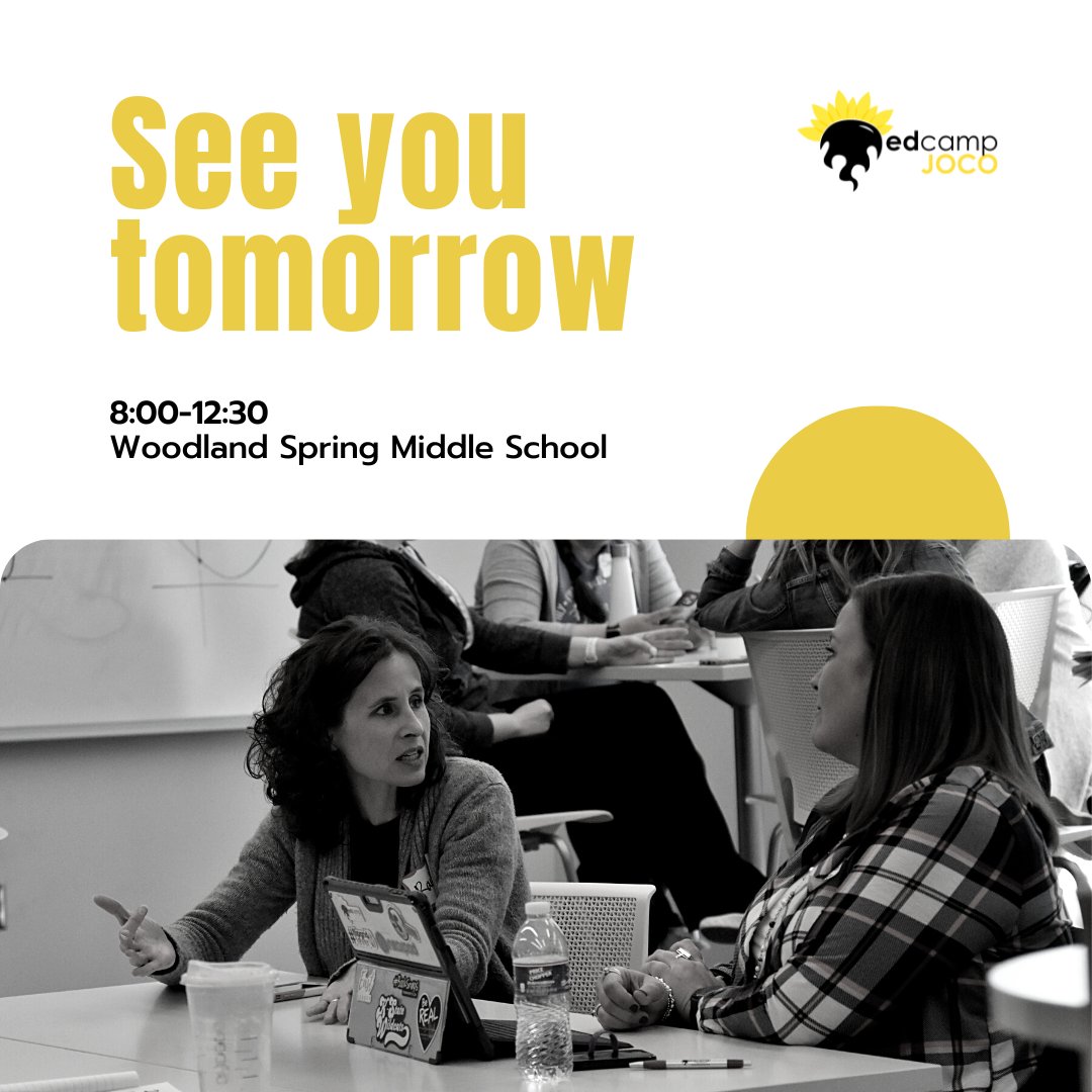 Tomorrow is the big day! Can't wait to see you all bright and early at Woodland Spring Middle School!

It's not too late to register: edcampJOCOKS23.eventbrite.com

#ksedchat #moedchat #KansasLEADS