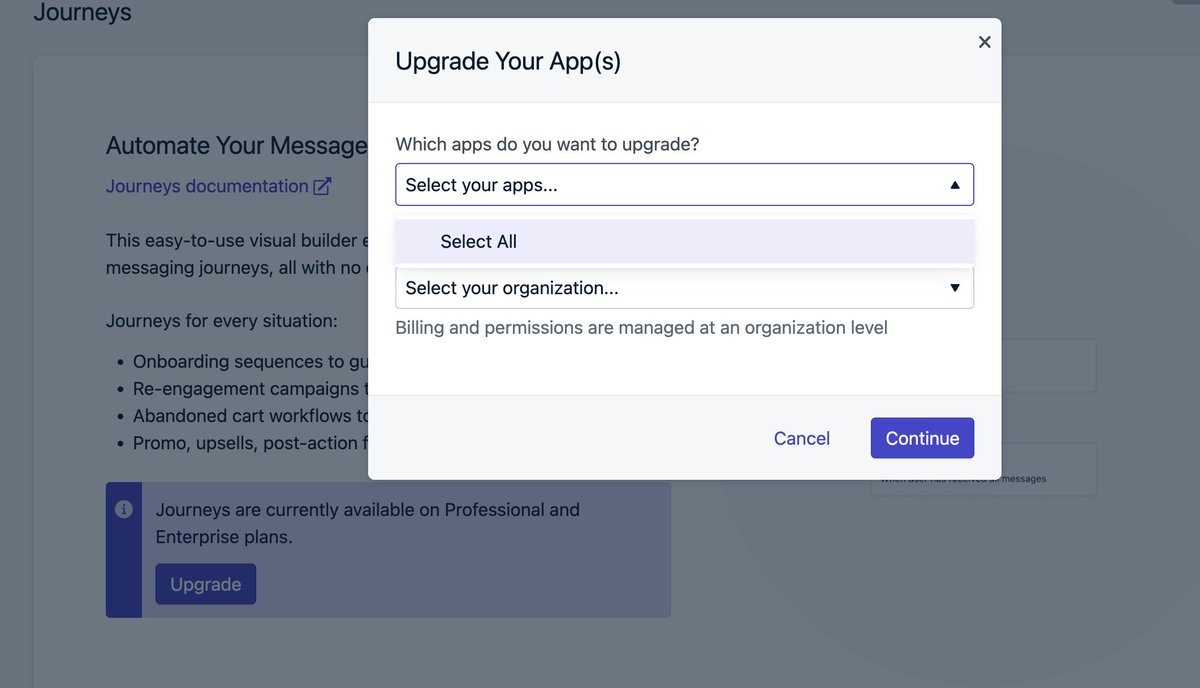 getbrewsy's tweet photo. @onesignal we're having a major issue trying to upgrade out account from free to paid. we're getting non-answers from intercom (and infrequently).  when we try to upgrade within our existing apps, we're unable to select any apps or any organizations. yes, i'm an admin. https://t.co/SpLJkmgKOF