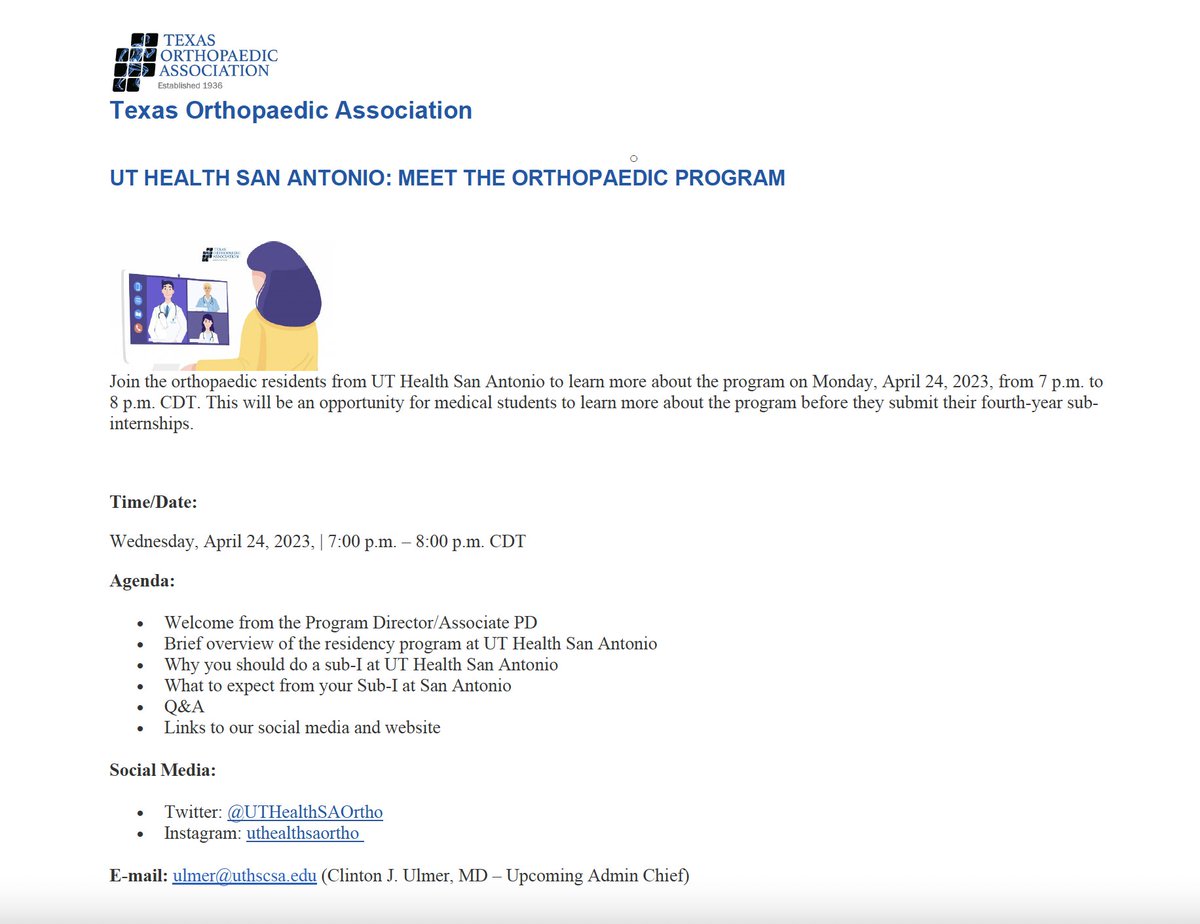 Ryan Rose, MD (@dr_ryanrose) on Twitter photo Mark your calendar and please join us for our open house on 4/24. Link and further details to follow. <a href="/DrStevenGibbons/">Steven D. Gibbons, MD FAAOS</a> <a href="/UTHealthSAOrtho/">UT Health San Antonio Orthopaedic Residency</a> #orthotwitter #Match2024 Mark your calendar and please join us for our open house on 4/24. Link and further details to follow. <a href="/DrStevenGibbons/">Steven D. Gibbons, MD FAAOS</a> <a href="/UTHealthSAOrtho/">UT Health San Antonio Orthopaedic Residency</a> #orthotwitter #Match2024