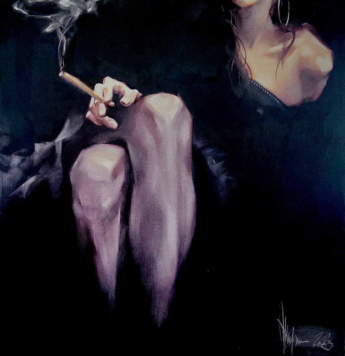 Night Joint
Size: 23.62 W x 23.62 H x 2 D in / 60 x 60 x 5 cm
2023
Igor Shulman

Read more: shulmanart.com/9o4sm7

#IgorShulman #ShulmanArt #OilPainting #Painting #Artist #Art #Figurative #Erotic #Moody #PositiveFeelings #SmokingWoman #Ambiance