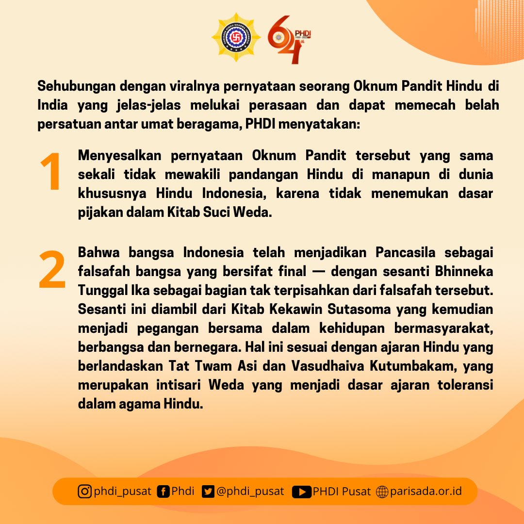 phdi_pusat's tweet photo. Om Swastyastu
#SahabatDharma 

Sehubungan dengan viralnya pernyataan seorang Oknum Pandit Hindu di India yang jelas-jelas melukai perasaan dan dapat memecah belah persatuan antar umat beragama, berikut ini Sikap Resmi PHDI.

#PHDI
#ParisadaHinduDharmaIndonesia
#Hindu https://t.co/PRjVRWigz8