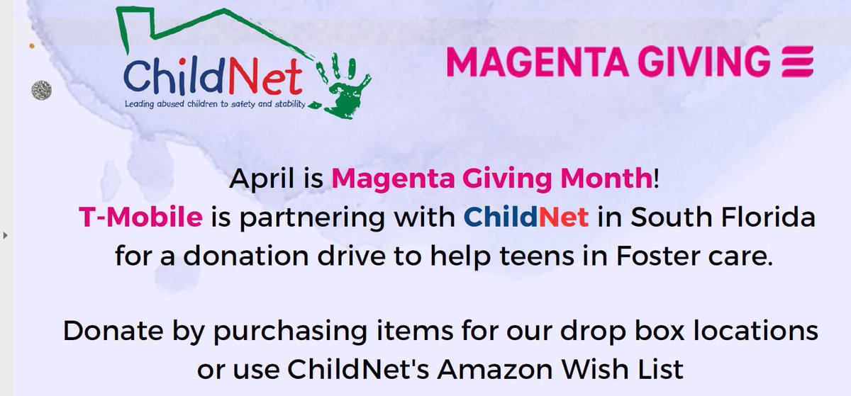 Hey south Florida T-Mobile family!!! We are quickly approaching the middle of #MagentaGiving month. We have partnered with @ChildNetFL organization. Partner with your leaders for details on how to donate or feel free to reach out to me with questions!