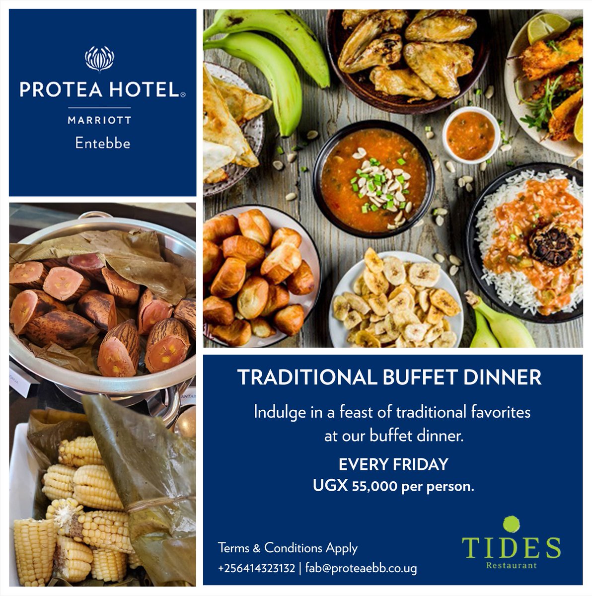 ProteaEntebbe's tweet photo. Get ready to indulge in a culinary adventure! Join us tonight from 6pm  to 11pm for a mouthwatering traditional buffet dinner at  #TidesRestaurant. 

Don't miss out on the chance to savor the flavors of  our exquisite cuisine. See you there!

Call 0414323132 For inquiries https://t.co/uYadrgbqs9