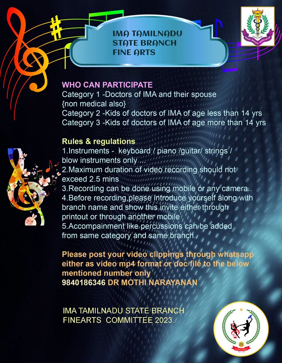 Hereby I am glad to declare the results of the INSTRUMENTAL MUSIC COMPETITION conducted by our finearts committee team. Congratulations to Dr Vetrivel  chairman finearts and his team,Special thanks to Dr Mothi Narayanan for organizing the event wonderfully. Will also share the pr