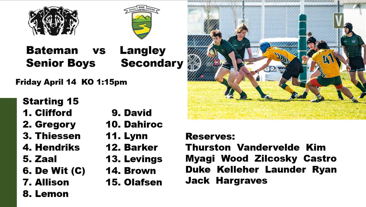 Bateman Rugby (@batemanrugby) on Twitter photo Wolves coming off a 33-7 loss to Touring Hale School, take on Langley Sec Friday April 14, KO 1:15pm
<a href="/AbbyNews/">Abbotsford News</a>
<a href="/AbbotsfordRFC/">Abbotsford RFC</a> Wolves coming off a 33-7 loss to Touring Hale School, take on Langley Sec Friday April 14, KO 1:15pm
<a href="/AbbyNews/">Abbotsford News</a>
<a href="/AbbotsfordRFC/">Abbotsford RFC</a>