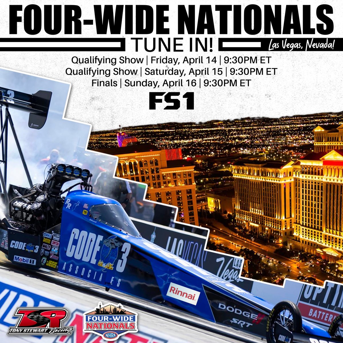 Tune into @FS1 to watch this weekend's #Vegas4WideNats from @LVMotorSpeedway. #TSRnitro | @NHRA | @LeahPruett_TF | @MattHagan_FC | @code3associates | @Haas_Automation | @Dodge