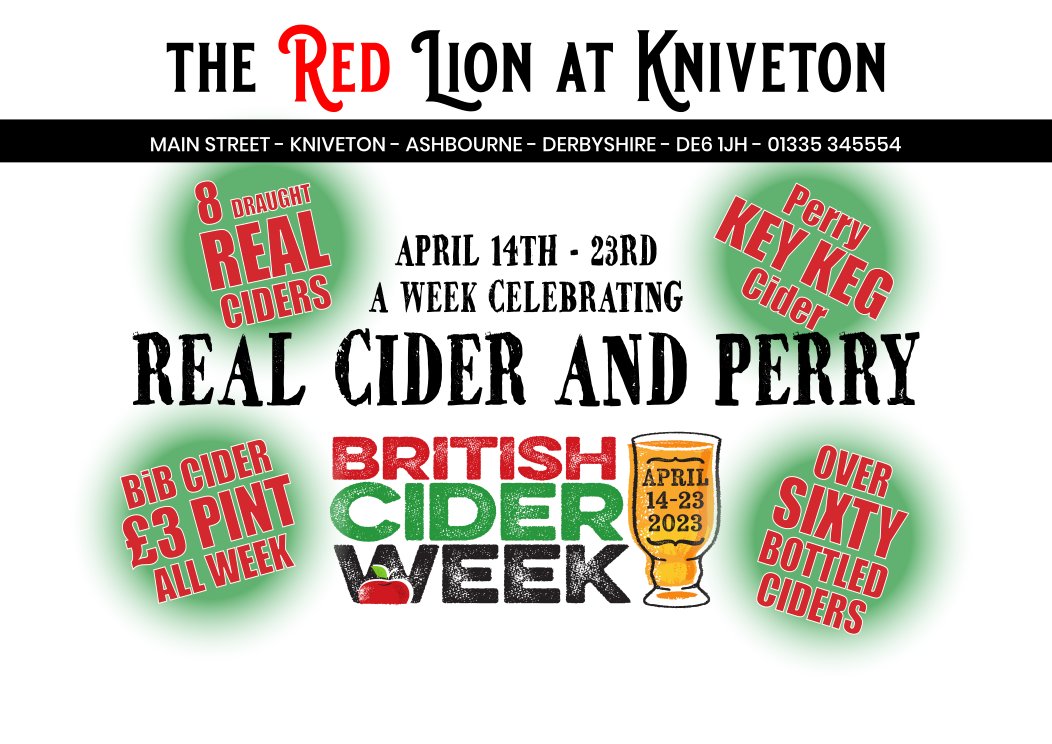 KnivetonRedLion's tweet photo. Starting today are clebrating @britciderweek - large range of BiB cider at £3 pint! Huge #bottle list!
#realcider #realperry #swciderweek #kniveton
@AshbourneCAMRA @DerbyCAMRA @CamraApple @NottinghamCamra https://t.co/62u044O2XB