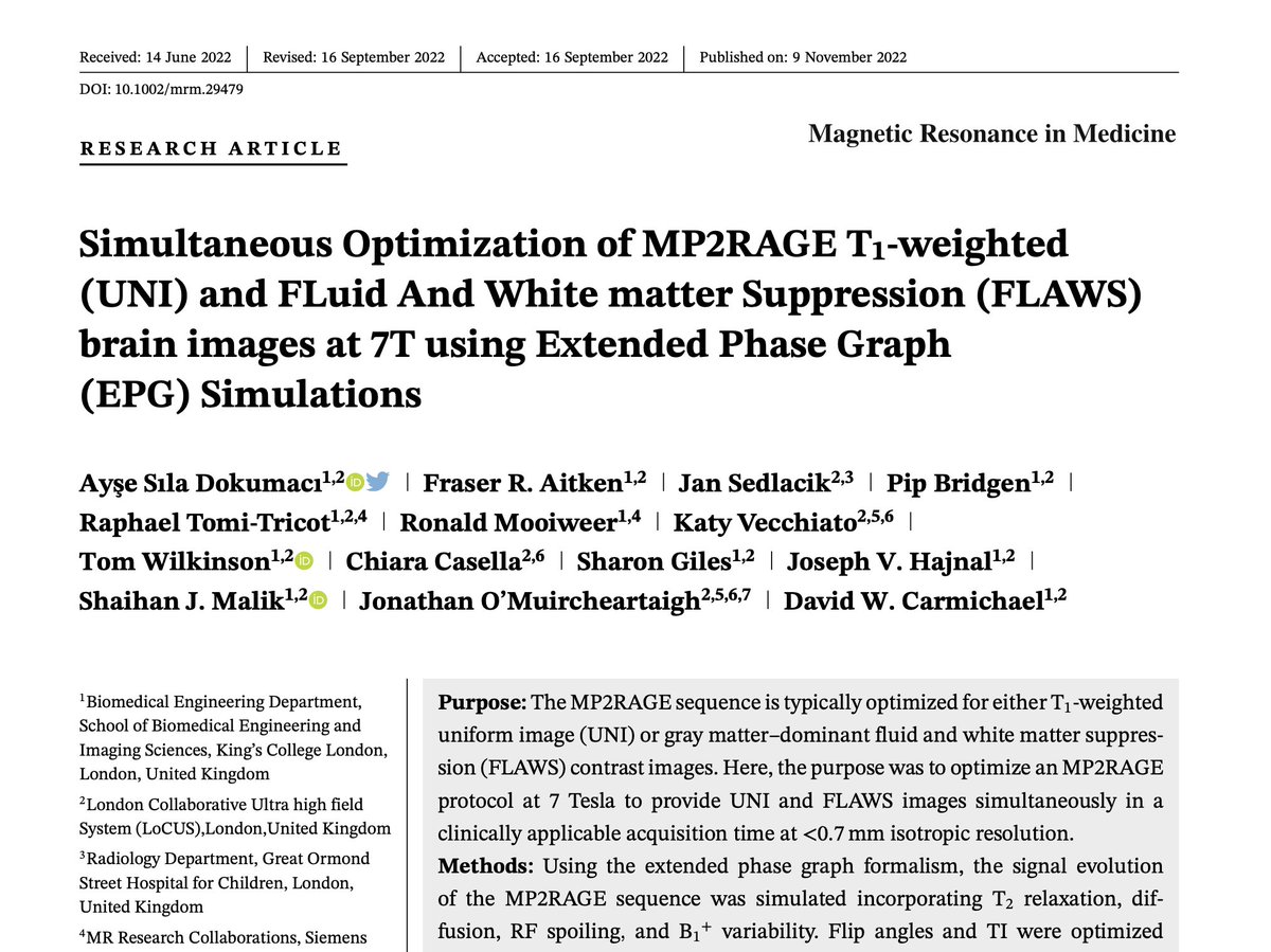 MRM Highlights (@mrm_highlights) on Twitter photo March MRM Editor's Pick #2: "Simultaneous Optimization of MP2RAGE T1-weighted (UNI) and FLuid And White matter Suppression (FLAWS) brain images at 7T using Extended Phase Graph (EPG) Simulations", by Ayşe Sıla Dokumacı (<a href="/siladokumaci/">Ayse Sila Dokumaci</a>) et al. <a href="/KingsImaging/">Biomedical Engineering & Imaging Sciences</a>. onlinelibrary.wiley.com/doi/10.1002/mr… March MRM Editor's Pick #2: "Simultaneous Optimization of MP2RAGE T1-weighted (UNI) and FLuid And White matter Suppression (FLAWS) brain images at 7T using Extended Phase Graph (EPG) Simulations", by Ayşe Sıla Dokumacı (<a href="/siladokumaci/">Ayse Sila Dokumaci</a>) et al. <a href="/KingsImaging/">Biomedical Engineering & Imaging Sciences</a>. onlinelibrary.wiley.com/doi/10.1002/mr…