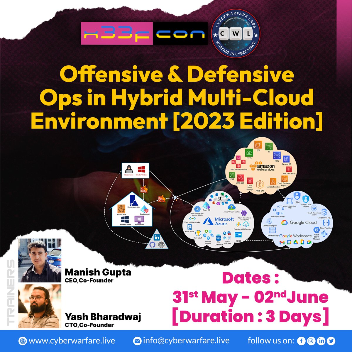 cyberwarfarelab's tweet photo. 🎯Join us for a comprehensive 3-day training on "Offensive & Defensive Ops in Hybrid Multi-Cloud Environment". @x33fcon
📆May 31st to June 2nd, 2023
▶ Register now!
https://t.co/38PpCtTrVk
#Cybersecurity #Training #HybridCloud #OffensiveOps #DefensiveOps #x33fcon https://t.co/WUFoWBKcif