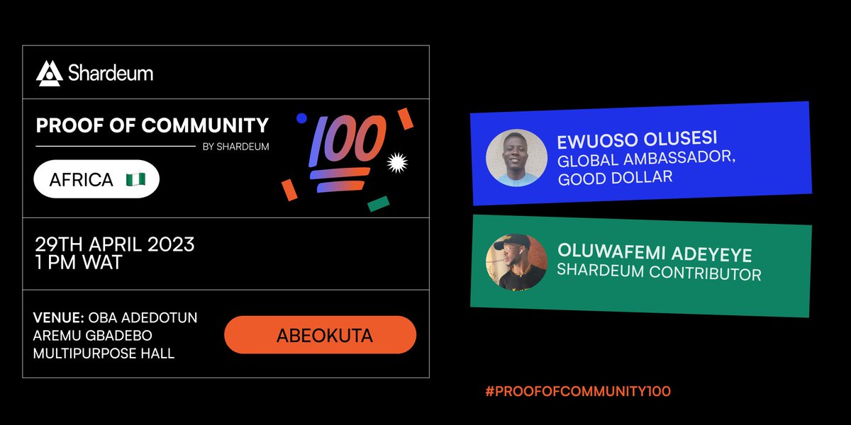 IamWisePrince's tweet photo. 🇳🇬 Join Me and @EwuosoOlusesi on the @shardeum's #ProofOfCommunity event  where we'll be discussing #Web3, and Shardeum's Innovative Approach towards building it 

🏪 Oba Adedotun Aremu Gbadebo Multipurpose Hall, Abeokuta.

📆 29th April, 2023
⏲️ 12pm UTC

👇 https://t.co/CQXGnZCBCK