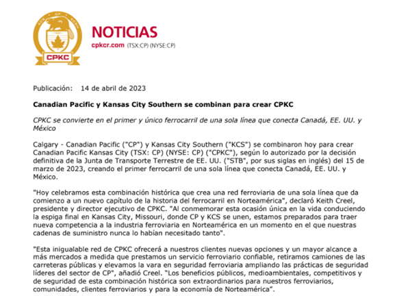 CPKCdeMexico's tweet photo. Canadian Pacific y Kansas City Southern se han combinado para convertirse en @CPKCRail. Como un solo ferrocarril, estamos haciendo historia y conectando un continente.  Aquí nuestro comunicado de prensa: https://t.co/wFApvFiGLX https://t.co/nqF4CV2V5G